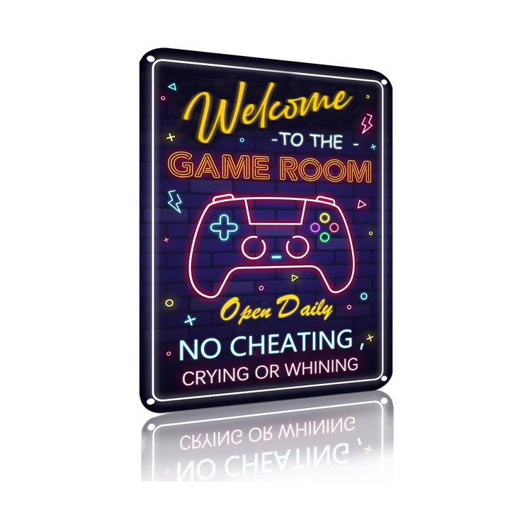 Tablou metalic, Decor Gaming, Welcome To The Game Room Open Daily, 20x30cm