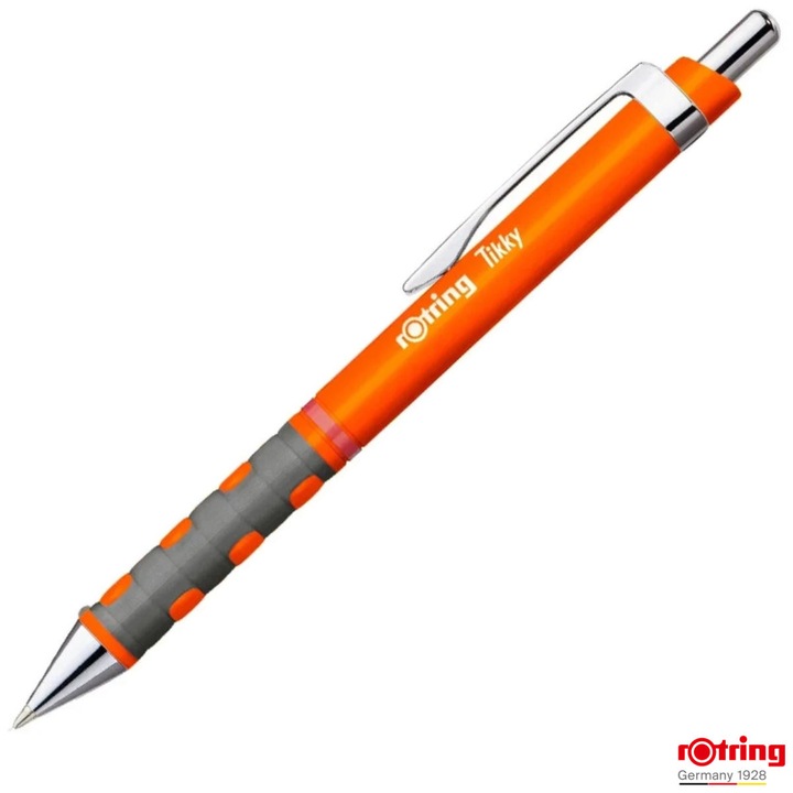 Pix Tikky 3 Portocaliu Neon cu Clip, Mina Jumbo Albastra 0.7mm, Grip Ergonom din Cauciuc, pentru Scriere Extensiva si Vizibila, Rotring
