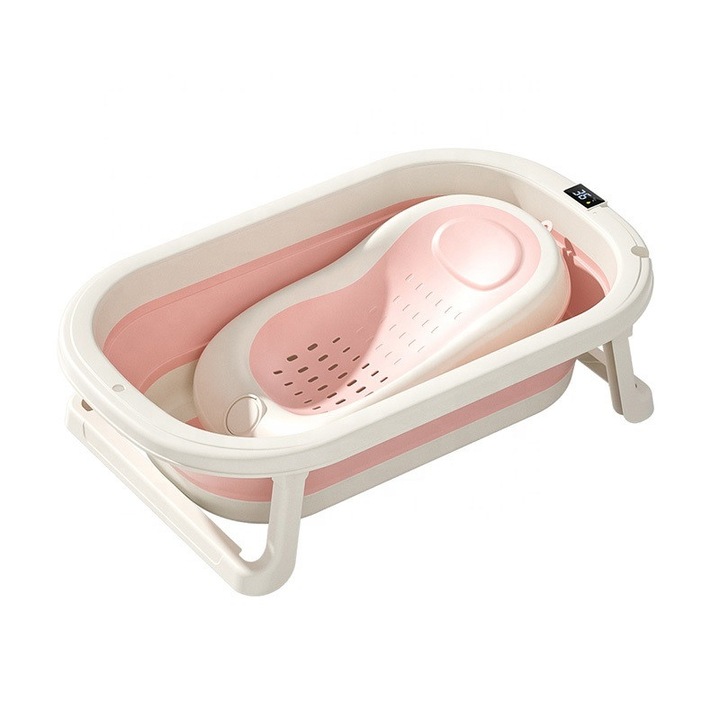 Set Cadita si Suport anatomic detasabil pentru bebelusi Little Mom Pink, cu afisaj temperatura digital, design pliabil si compact, cu suprafete antiderapante, finisaje netede si sistem de agatare