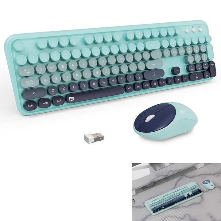 Комплект безжична клавиатура и мишка, SDLOGAL, 2.4GHz безжична клавиатура и мишка, кръгли клавиши в стил пишеща машина, мишка 15000 DPI, сладки цветове, съвместими с PC/ноутбук, многоцветни