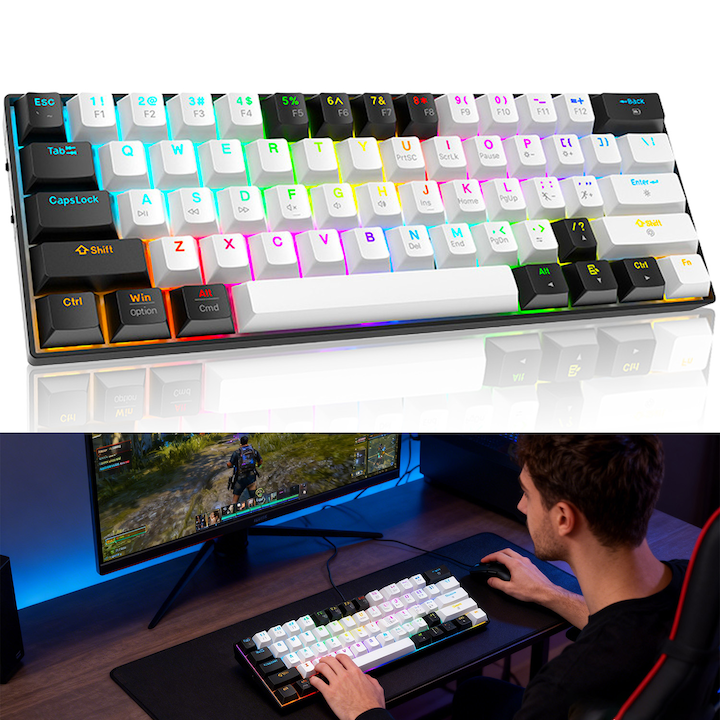 Tastatura Mecanica Gaming, SDLOGAL, Wireless/ Fir, Bluetooth 5.0/2.4Ghz/ Type-C, 61 Taste, iluminare RGB, Comutator ax maro, 2000mAh Baterie, Compact si Ergonomic, Negru/Alb