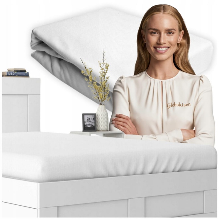 Cearceaf de pat, Jersey, Alb, 200 x 220 cm, cu elastic, 140 g/m2, 100% bumbac, Calitate inalta a executiei, opaca, placuta la atingere, cusuta cu grija si precizie, Oeko-tex standard 100