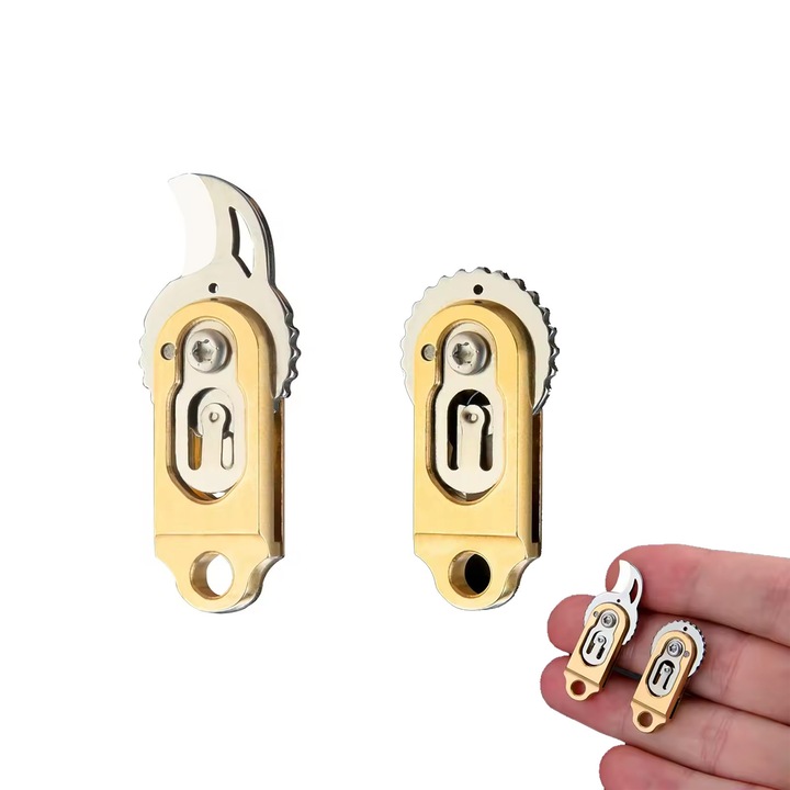 Briceag mini, asskanaer, Cutit Pliabil, Design minion, Anti rugina, Ascutit si durabil, Mic si portabil, Usor de depozitat si carat, Poate fi folosit pentru decorarea cheilor, Lama cutitului 13mm, Alama, 36mm, Auriu