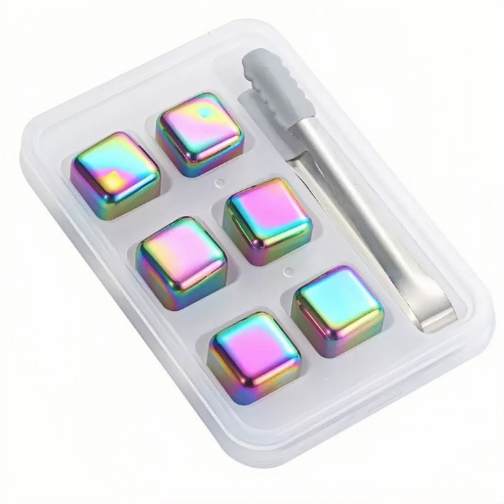Set 6 Pietre Whisky din Otel Inoxidabil, Multicolor Irizat, Cuburi Metalice Reutilizabile cu Cleste, Racire Fara Diluare, Cadou Premium pentru Barbati, Tata, Sot