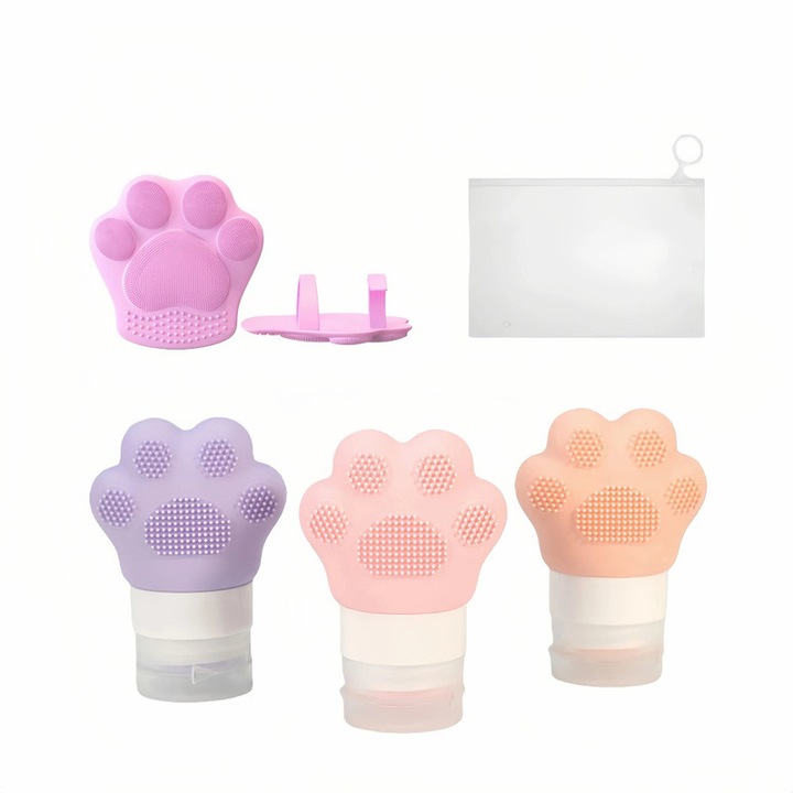 Set 3 Sticle de Calatorie din Silicon, Model Labuta de Pisica, Recipiente Reincarcabile Anticurge pentru Sampon si Lotiune, Aprobate TSA + CADOU Perie Curatare Faciala Labuta Roz, Set Complet Calatorie