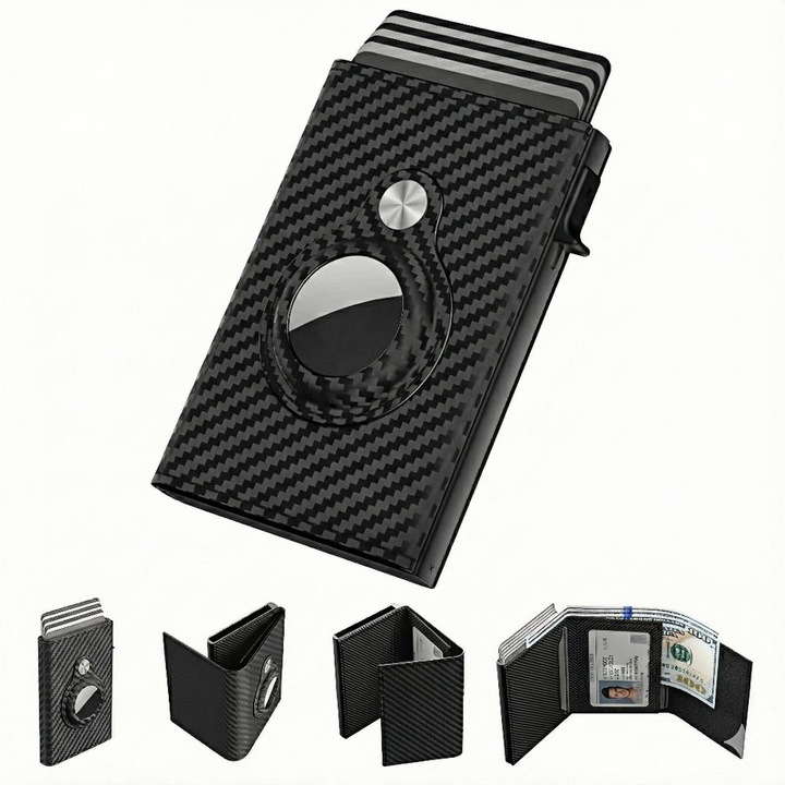 Portofel Barbati Smart din Fibra de Carbon cu Suport pentru Apple AirTag, Protectie RFID, Mecanism Pop-Up Metalic pentru 12 Carduri si Compartiment Bani, Design Minimalist, Negru (Nota: AirTag-ul nu este inclus)