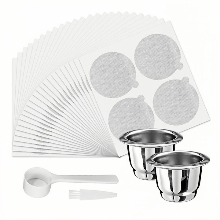 Set 2 Capsule Cafea Reutilizabile Compatibile Nespresso OriginalLine, Otel Inoxidabil 304 Alimentar, Kit Espresso DIY cu 100 Sigilii Autoadezive din Aluminiu, Lingura si Perie, Crema Bogata, Argintiu