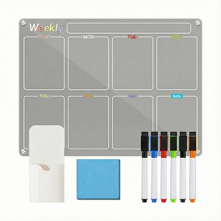 Planificator Saptamanal Magnetic din Acril Transparent pentru Frigider, 40x30cm, Tabla Organizatoare Reutilizabila cu 6 Markere Colorate si Radiera, Design Elegant si Flexibil, Ideal pentru Mese si Program