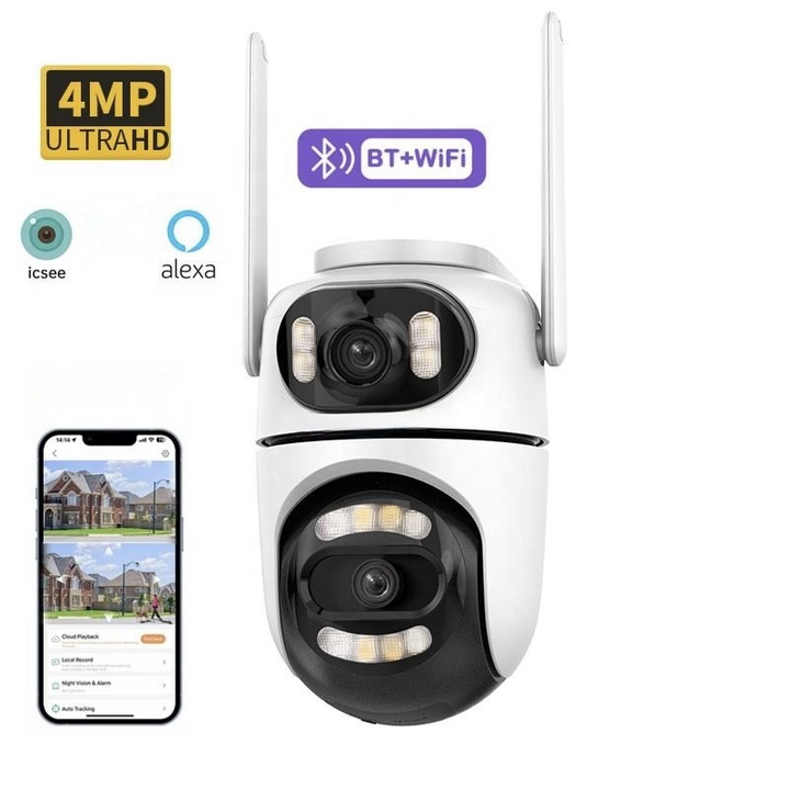 WI-FI térfigyelő kamera C Tech® 2MP+2MP, FULL HD, Alkalmazáson keresztül csatlakoztatható, AI mód, Színes éjszakai látás, Mozgáskövetés, Riasztás, Vízálló, Zseblámpa bekapcsolása az alkalmazásból, Mozgásérzékelő, Fehér + 64GB Micro SD memóriakártya