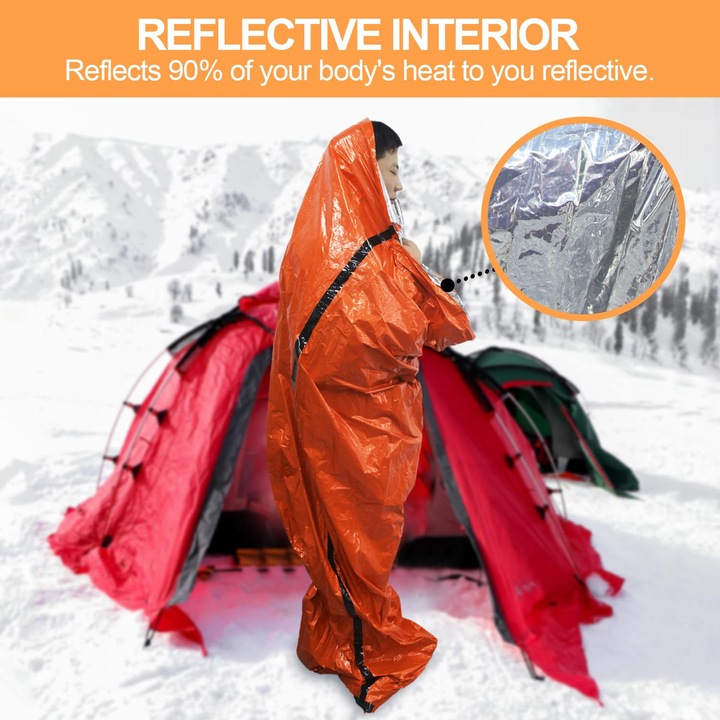 Sac de Dormit Termic de Urgenta, Bivvy Bag Impermeabil pentru Supravietuire, Reflecta 90% din Caldura Corporala, cu Fluier, Portabil pentru Camping, Drumetii si Auto, Portocaliu