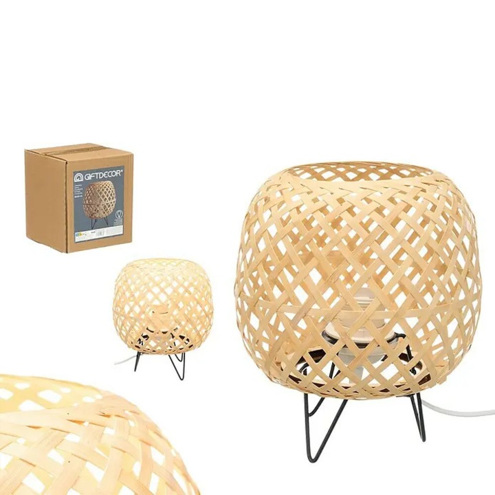 Lampa de masa GIFTDECOR Premium din bambus impletit, design ovala, dulie E27, 23 cm, iluminat ambiental natural