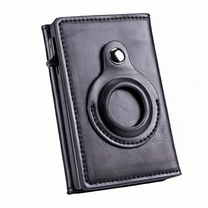 Portofel Smart Minimalist compatibil cu AirTag, Protectie RFID Anti-Furt, Suport Carduri Pop-Up din Aluminiu, Piele Ecologica, Negru
