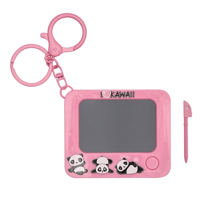 Mini tableta LCD de scris si desenat pentru copii, tip breloc, Model Panda, Stilou inclus, Ideala pentru calatorii, 7.5 x 6.3 cm, Roz