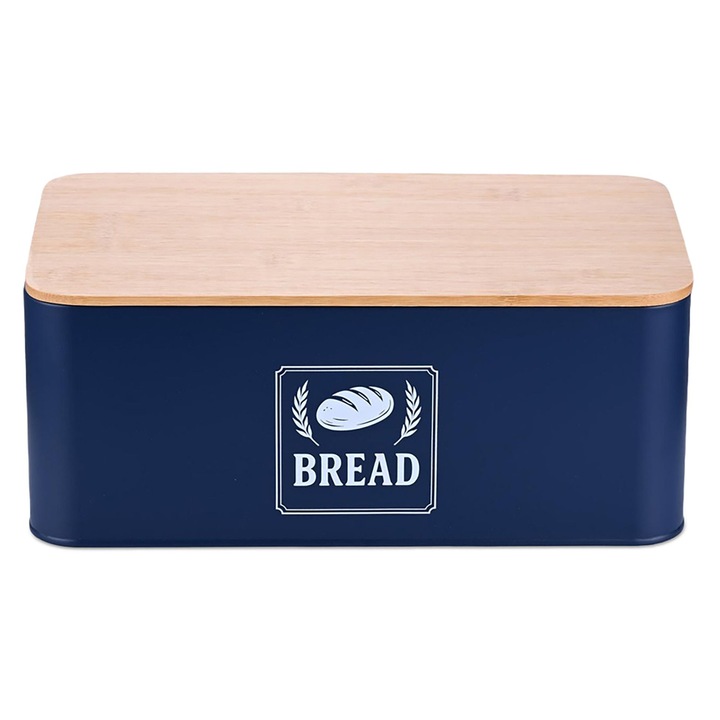 Cutie pentru paine Relaxdays, dreptunghiulara, fier, capac din bambus, 13, 5x33x19cm, Albastru