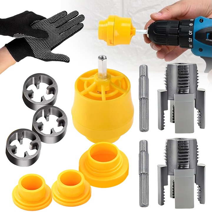 Trusa pentru filetat tevi, Tressino, Filet NPT 1/2"-3/4"-1", Maner ergonomic anti-alunecare, Usor de folosit si transportat, Pentru Tevi din PVC, tevi din plastic si tevi de apa, Accesorii incluse, Plastic/Metal, Multicolor