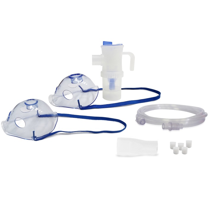 Set de accesorii pentru inhalare/nebulizare Omnibus, nebulizator mare de 12 ml, culoare albastra, 5 filtre de rezerva, control viteza