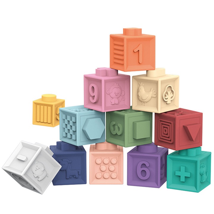 Комплект от 12 меки интерактивни кубчета за бебета, NAXSIR, идеални за никнене на зъби, развитие на двигателни умения, координация или внимание, изработени от каучук, 0-24 месеца