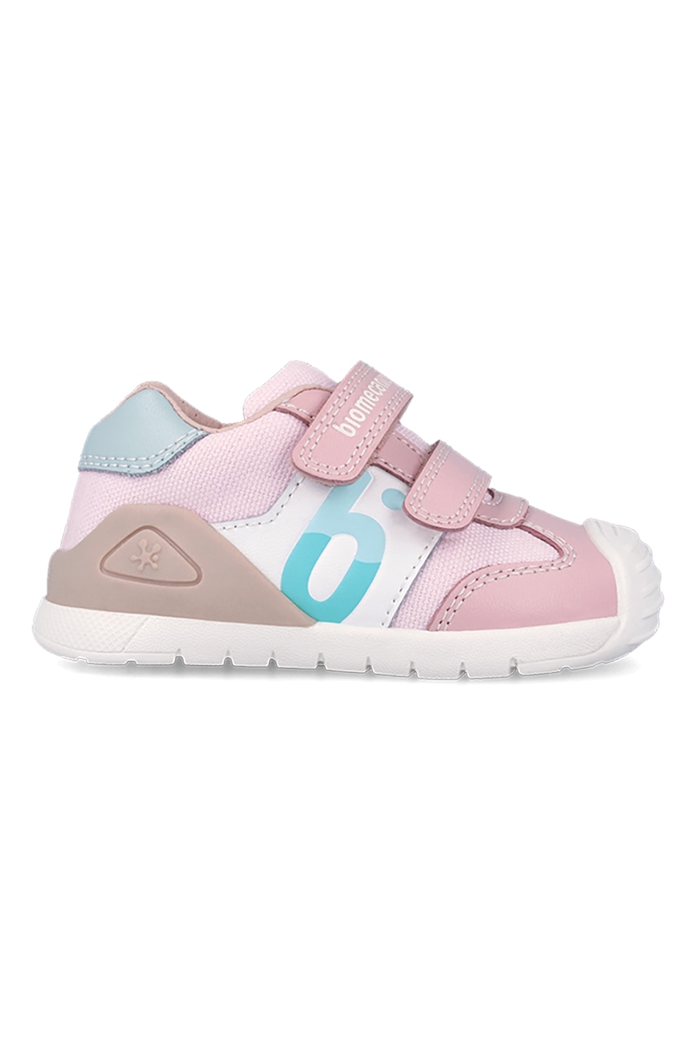 Biomecanics, Pantofi sport cu inchidere velcro si logo, Alb murdar, Albastru deschis, Roz prafuit, 21 EU