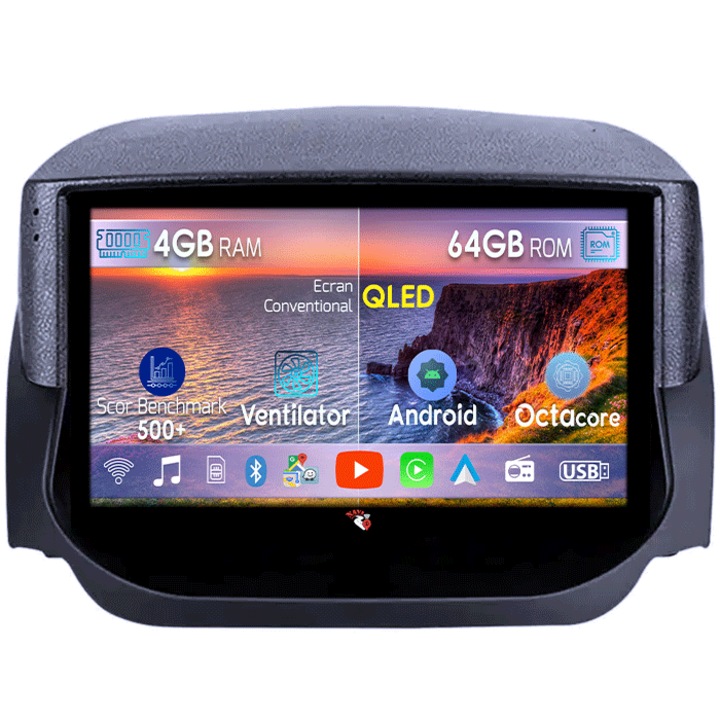 Navigatie dedicata Ford Fiesta 2018+, 4GB RAM 64GB ROM, Octacore, Android 13, Display QLED 9", DSP, Carplay, Android Auto, Internet, Youtube, Waze, WIFI, Bluetooth
