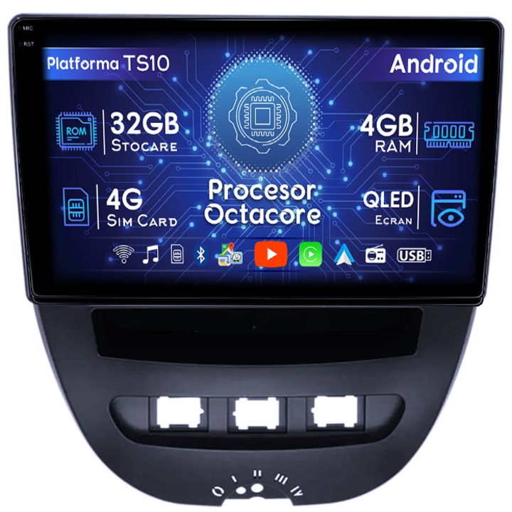 Navigatie dedicata Peugeot 107 2009-2015, 4GB RAM 32GB ROM, Octacore, Android 14, Display QLED 1K 10", DSP, Carplay&Android Auto, SIM 4G, Bluetooth, Ventilator Activ