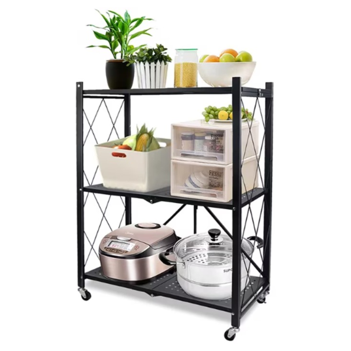 Рафт за съхранение, метален, сгъваем, на колела, 3 рафта, 71,5 x 39 x 89 см, черен