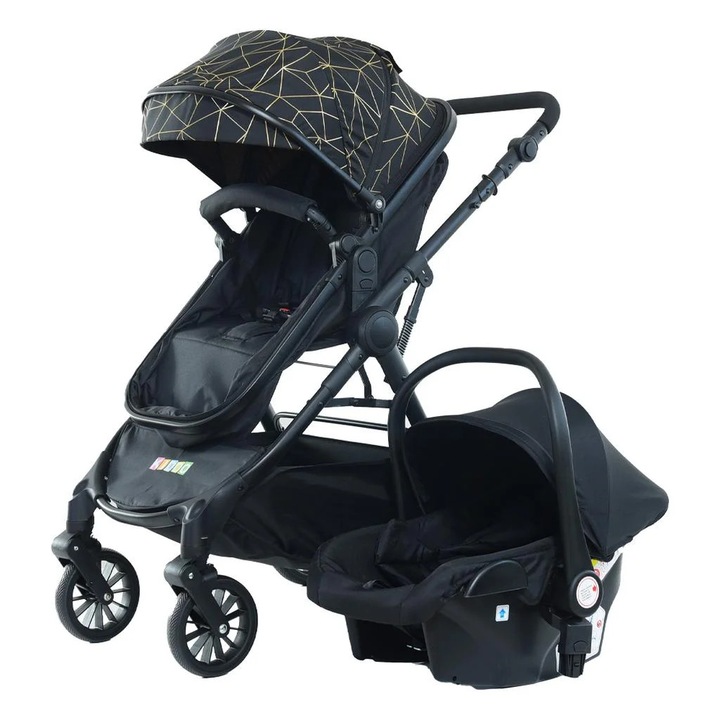 Количка 3 в 1 KIDOO – i-Size столче за кола, кош за новородено, лятна седалка и столче за кола. Амортисьори, бързо сгъване, удължаващ се сенник, 5-точков колан. Идеална за 0–36 месеца. Цялостна система за родители. - Черна