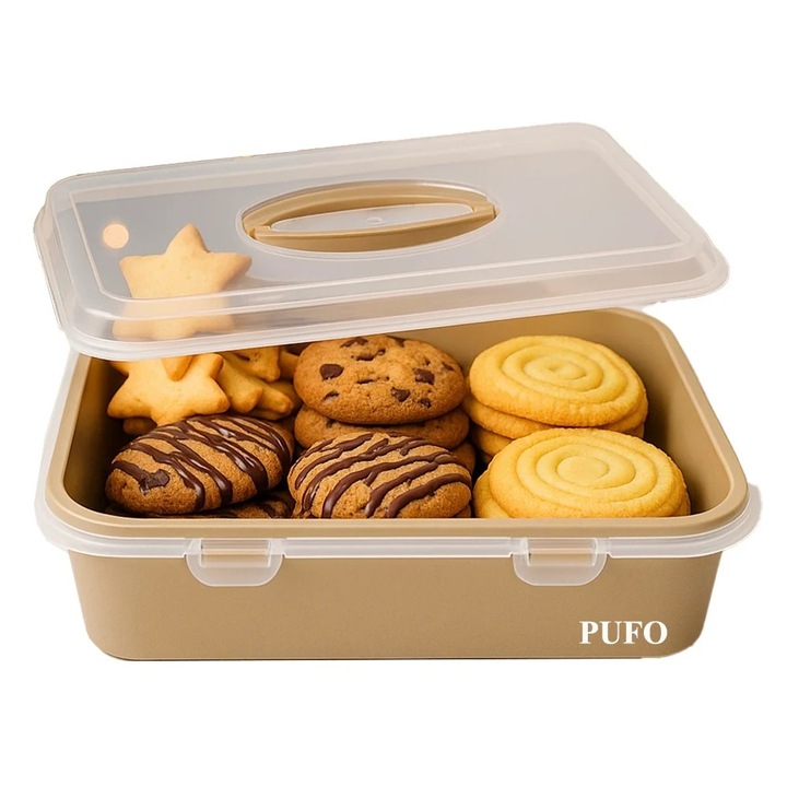 Плато Pufo Cookies с прозрачен капак за сервиране на торти, сладкиши, мъфини, тестени изделия, 32 x 23 см, кремаво