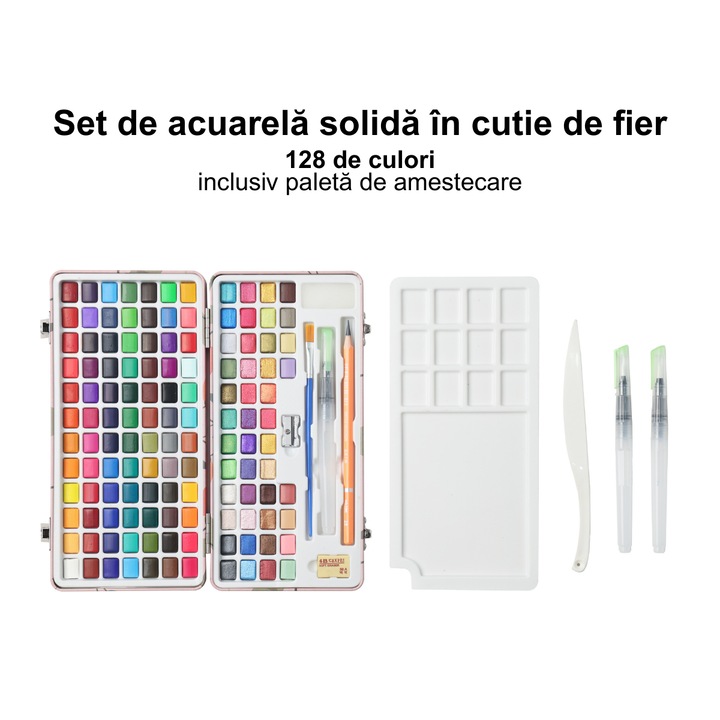 Set de acuarele, 128 culori, cutie de fier, pensulă inclusă, multicolor