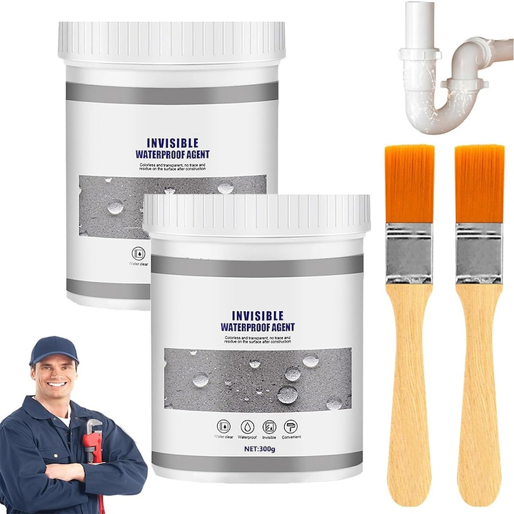 Adeziv Impermeabil Transparent pentru Etansare, Etansant Izolator Rezistent la Apa, Agent Hidroizolator pentru Multiple Suprafete, Sigiliu Anti-Scurgeri Invizibil Impermeabil si Universal, Pensula Inclusa, YOUKUKE, 2X 300g