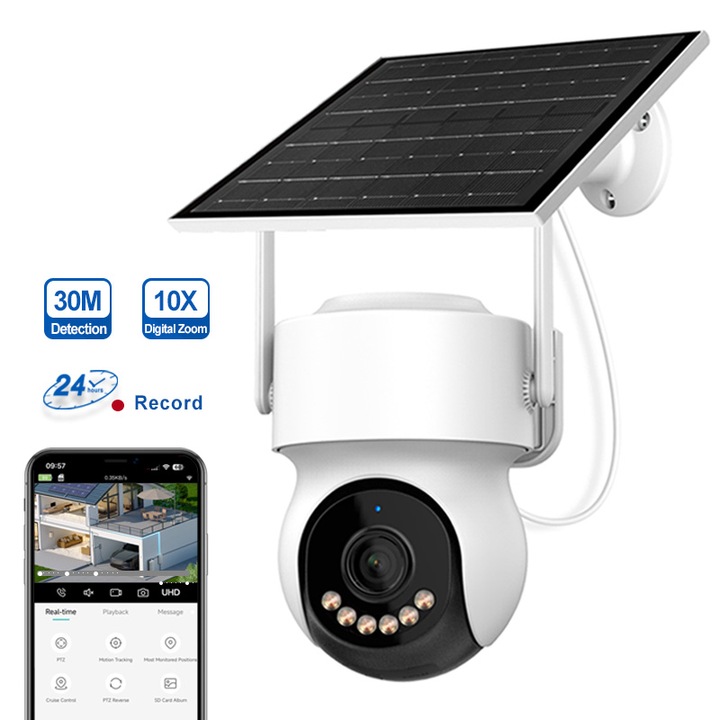 Camera de supraveghere cu WIFI si panou solar GIVZECK®, 2.5K, 4MP, AOV, Acumulator 7800 mAh, Panou Solar 6W, Wi-Fi 2.4Ghz, Inregistrare continua 24/7, F1.9 Crystal Night Vision, 10X zoom, comunicare bidirectionala, stocare card/cloud, Alb/negru
