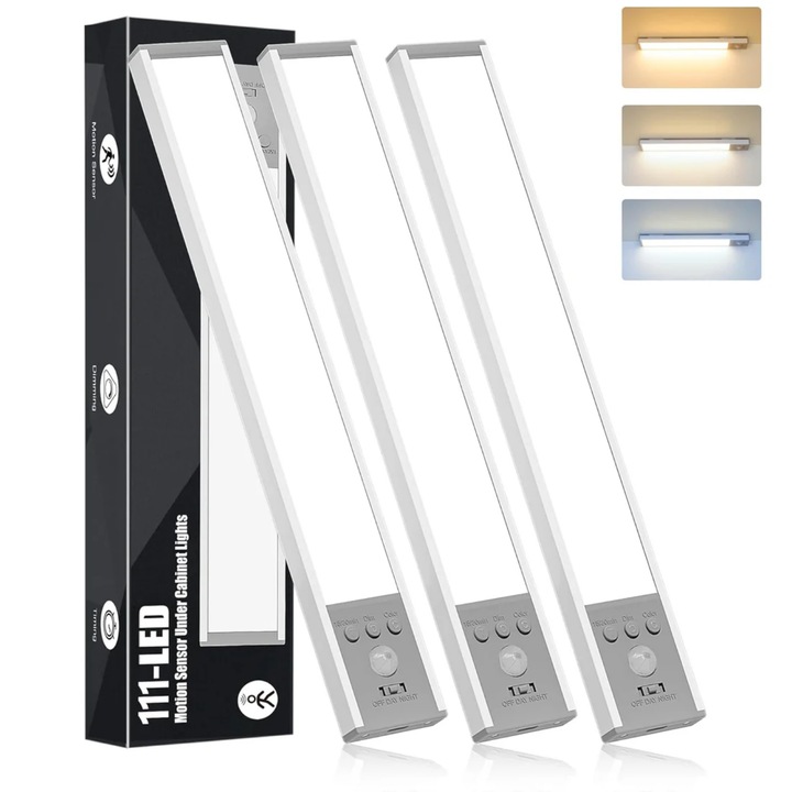 Lampa LED cu senzor de miscare, set 3 bucati, 30 cm, Deyra, autonomie 15–30 zile, reincarcabila USB-C, magnetica, 3 temperaturi de culoare, luminozitate reglabila, timer 15/30 min, pentru bucatarie, dressing, scari, hol