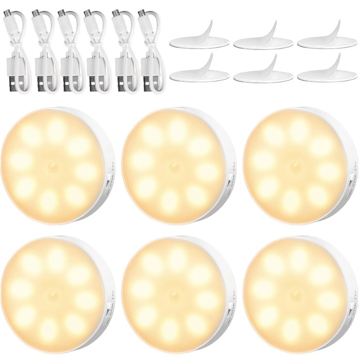 Lampa Led cu senzor de miscare, YOUKUKE®Pachet de 6, aproximativ 8,5 cm, pentru holuri, scari, camera pentru copii, bucatarie, dulap, alb