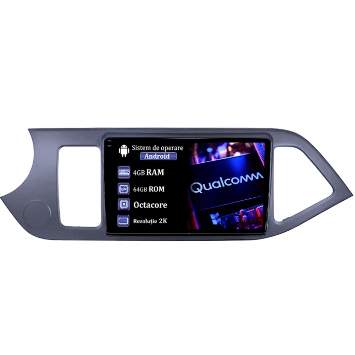 Navigatie dedicata Kia Morning Picanto 2011-2017, Black, 4GB RAM 64GB ROM, Procesor Qualcomm Octacore, Android 14, Rezolutie 2K, Display QLED 9", DSP, Carplay&Android Auto, SIM 4G