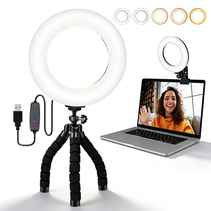 Lampa Circulara Ring Light, BYONDSELF®, cu 5 Culori Ajustabile si 5 Niveluri de Luminozitate, cu Clama si Trepied, pentru Photo, Video si MakeUp, Negru