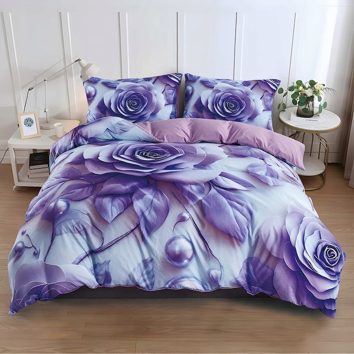 Set de lenjerie de pat 160x200 cm din tesatura moale, design elegant cu flori violet, cu fata de perna, ideal pentru relaxare, somn linistit si un cadou special