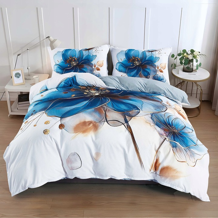 Set lenjerie de pat, 200x220 cm, 1 husa pilota + 2 perne, alb cu flori albastre, 70x80 cm