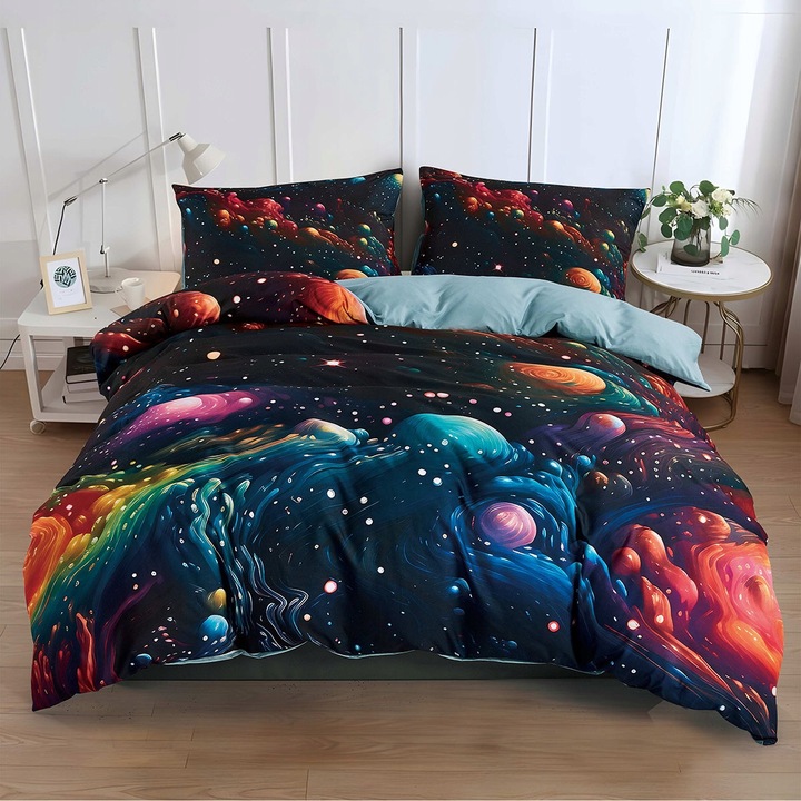 Lenjerie de pat set 200x220cm cu 2 perne 70x80cm, motive colorate, stil modern