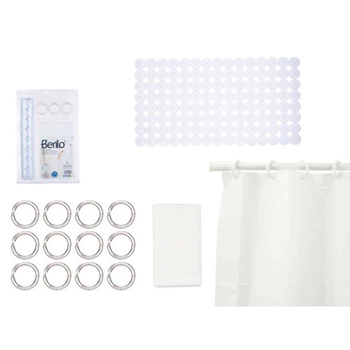 Set Perdea de Dus si Covoras Alb 180x180cm + 68x63cm, Antiderapant, Impermeabil