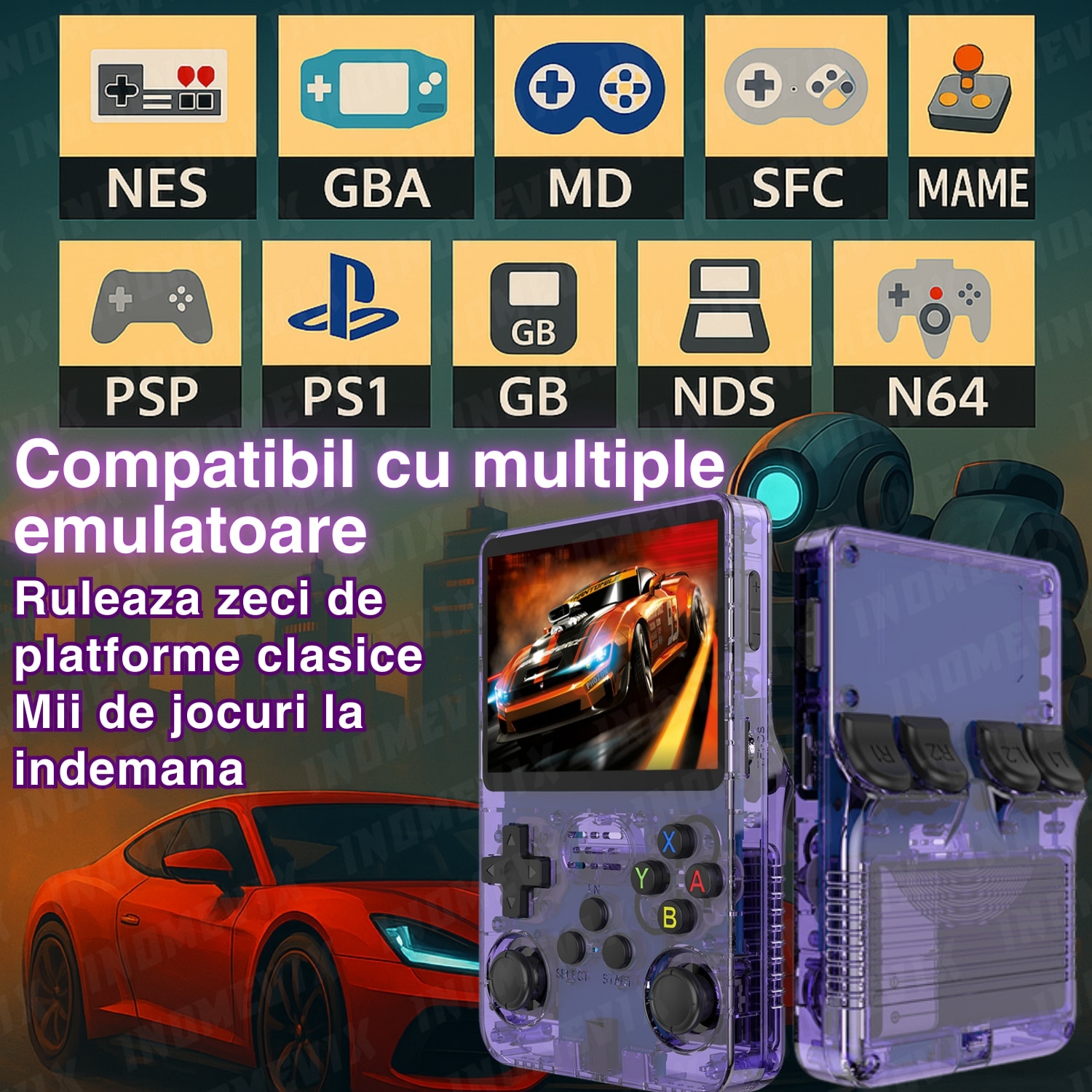 Consola retro portabila R36S 64GB cu jocuri, 15000 jocuri, ArkOS 2.0, IPS LCD 3.5" 640x480, CPU RK3326, GPU MALI-G31MP2, 1GB DDR3L, Emulator N64 PSP PS1 PlayStation Sega