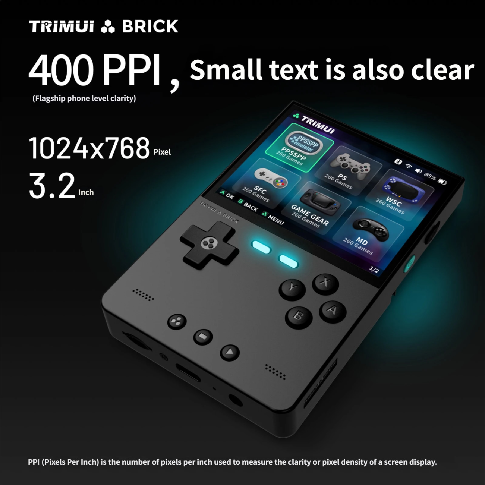 Consola retro portabila TRIMUI Brick cu jocuri, Bluvista®, quad core Cortex-A53 2.0GHz, 1GB RAM, IPS LCD 3.2" 1024x768 4:3, acumulator 3000 mAh, WiFi, Bluetooth, Negru