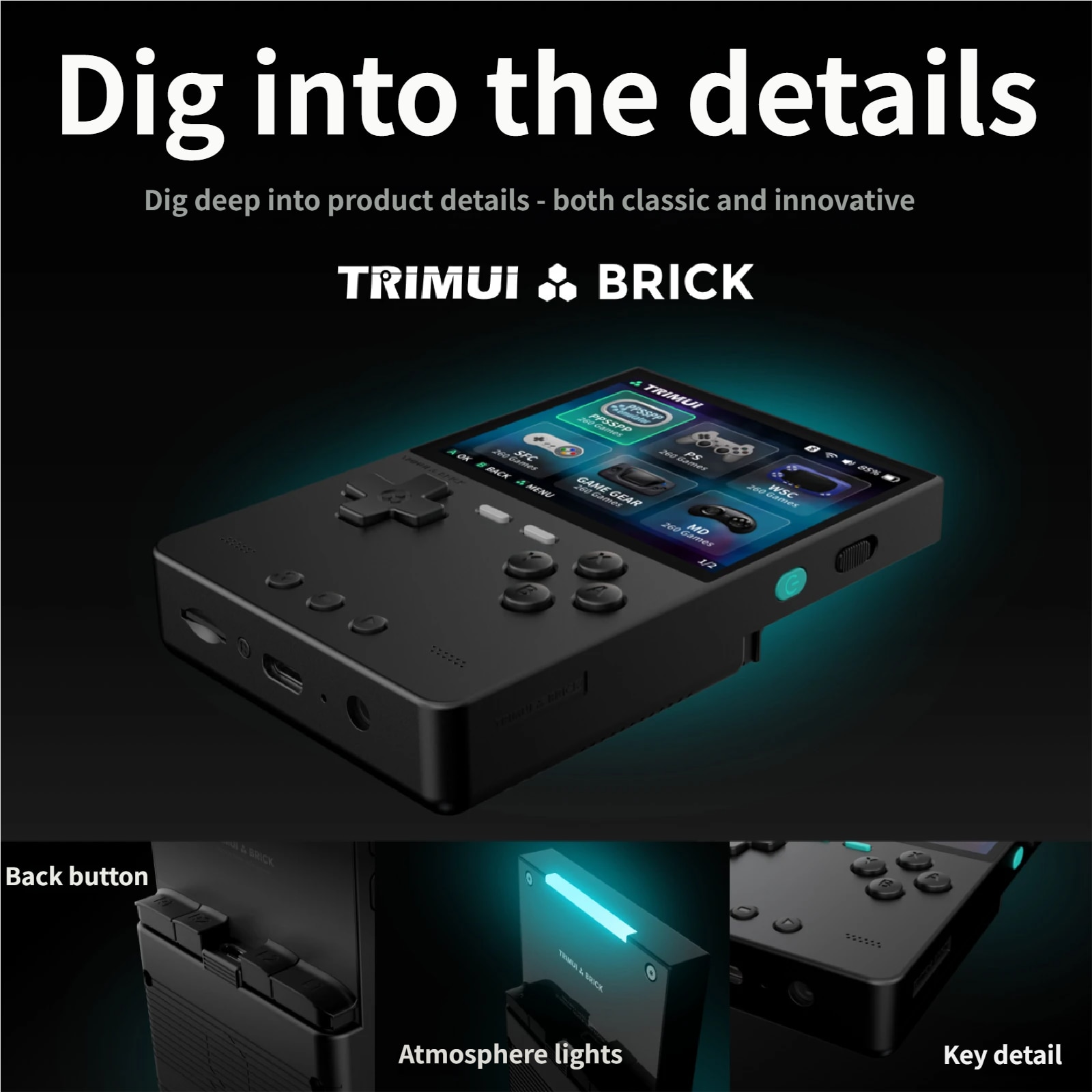 Consola retro portabila TRIMUI Brick cu jocuri, Bluvista®, quad core Cortex-A53 2.0GHz, 1GB RAM, IPS LCD 3.2" 1024x768 4:3, acumulator 3000 mAh, WiFi, Bluetooth, Negru