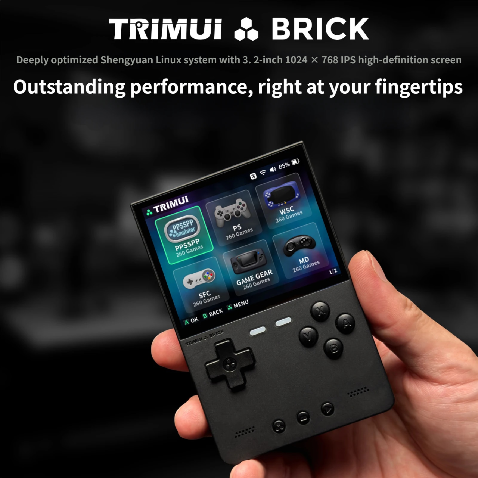 Consola retro portabila TRIMUI Brick cu jocuri, Bluvista®, quad core Cortex-A53 2.0GHz, 1GB RAM, IPS LCD 3.2" 1024x768 4:3, acumulator 3000 mAh, WiFi, Bluetooth, Negru