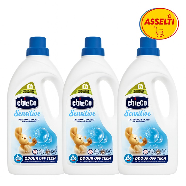 Set detergent Chicco Sensitive, 3 x 1, 5l, hipoalergenic, 27 spalari, pentru hainele bebelusului