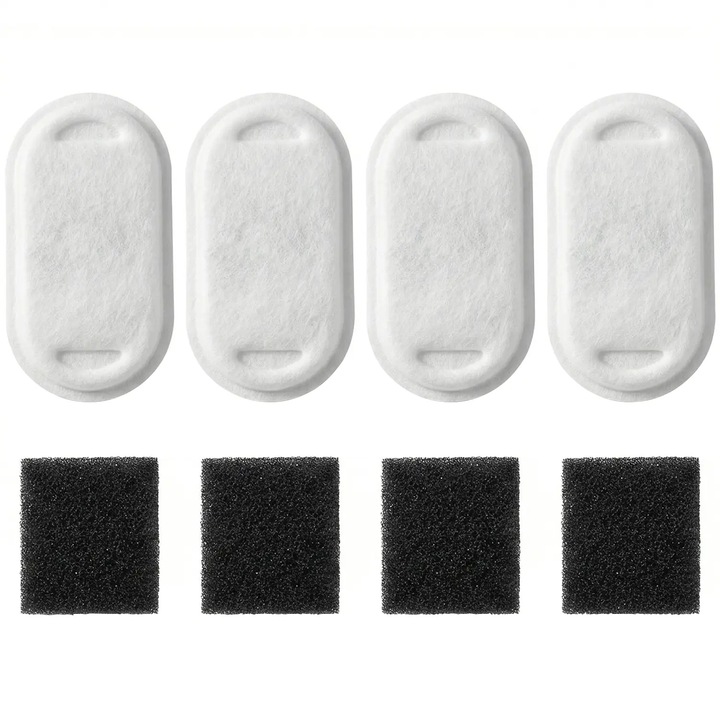 Set 4 Filtre + 4 Bureți Elindor, pentru Fantană Apă Pisici și Câini, Alb, 2.2L, Carbune Activ, Compatibilitate Largă