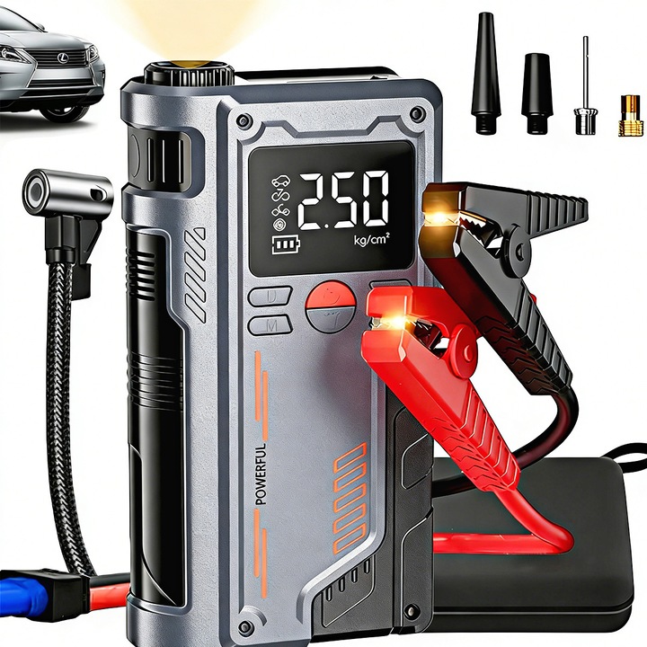 Starter auto si compresor aer 2-in-1, YOUKUKE®, pentru motor 6L benzina sau 3L diesel, curent maxim 1000A, capacitate 20000 mAh, lanterna, powerbank USB, clesti inteligenti si husa transport incluse