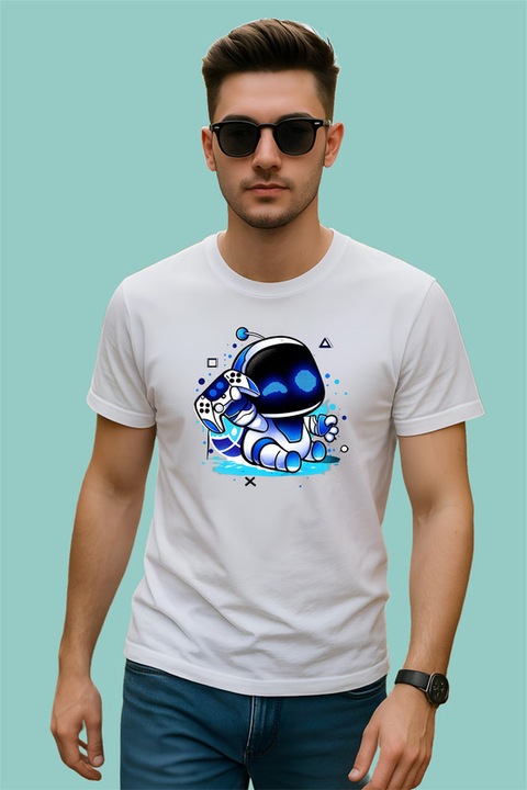 Tricou Barbat Astro Bot personaj gaming cu controller, Alb