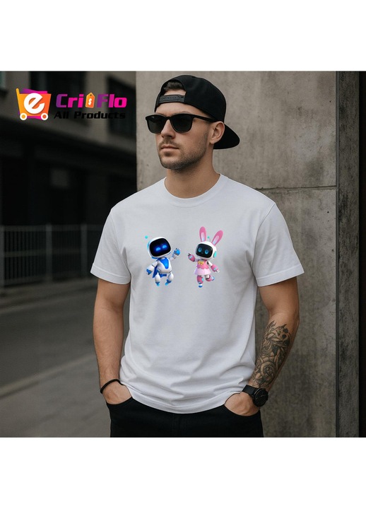 Tricou Astro Bot personaje prieteni joc video, Barbat, 100% Bumbac, Cri-Flo, Culoare Alb, Marime 3XL