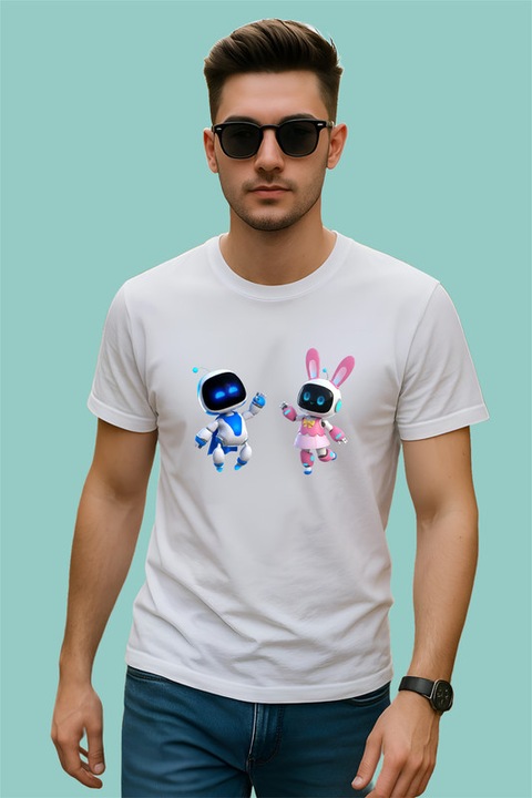 Tricou Astro Bot personaje prieteni joc video, Barbat, 100% Bumbac, Cri-Flo, Culoare Alb, Marime 3XL