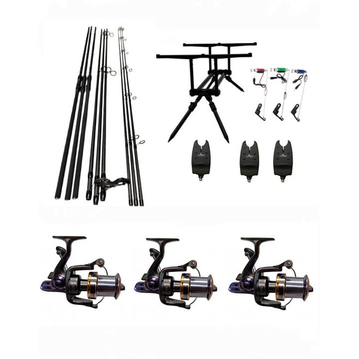 Set 3 Lansete 3, 90m, 3 Segm+ 3 Mulinete GH 7000, Tambur Conic Super Long-Cast, 10 Rulmenti Otel+ Rod Pod Echipat+ 4 Role Fir 0, 30mm x 500 metri