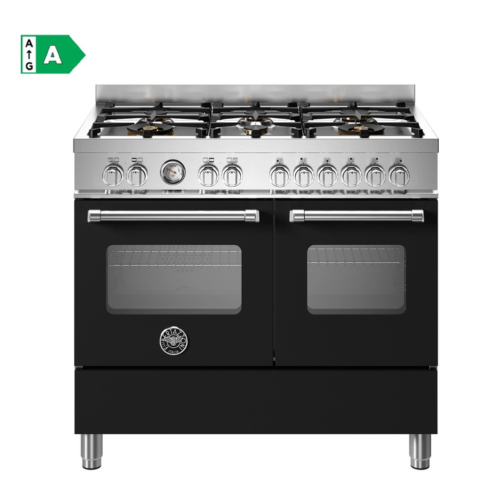 Aragaz pe gaz Bertazzoni, colectie Master, latime 100 cm, 6 arzatoare, 2 cuptoare electrice 123 l, temperatura reglabila max. 250°C, 11 functii de gatit, convectie, iluminare interioara, termometru integrat, sticla triplustratificata, negru mat